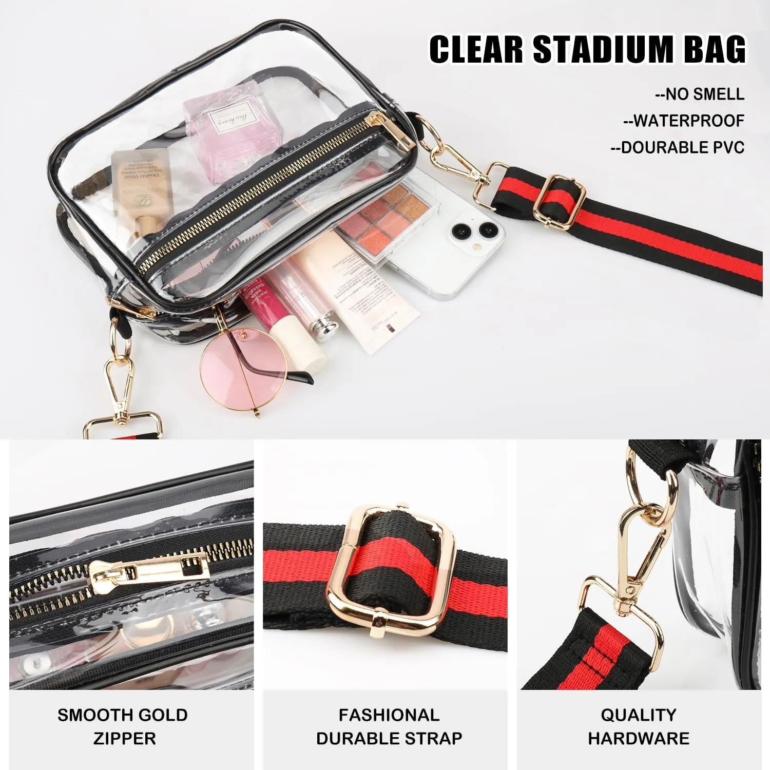 WEDDINGHELPER Clear Crossbody Bag, Clear Bag Stadium Approved Clear Purse with Adjustable Strap for Sports Concerts Festivals