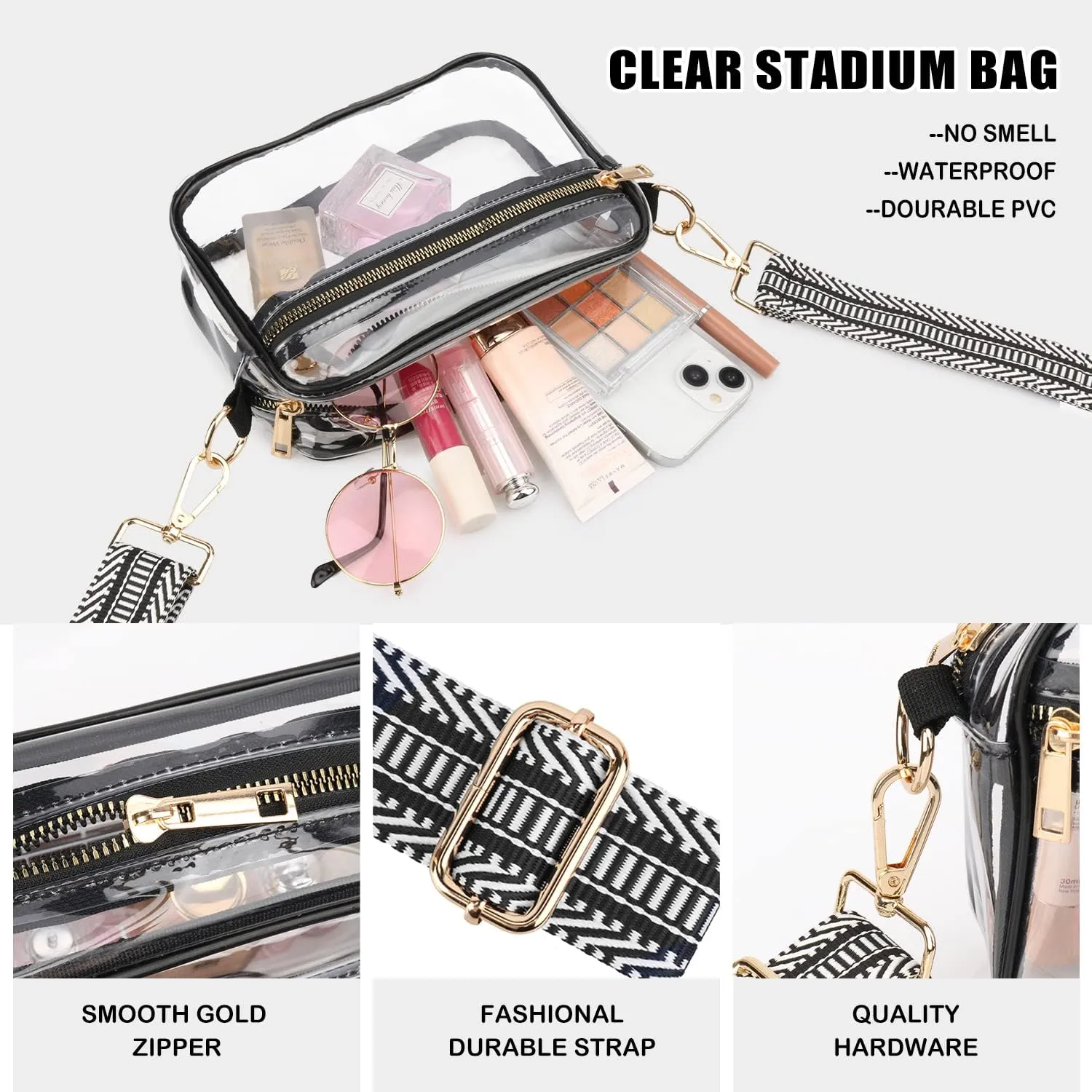 WEDDINGHELPER Clear Crossbody Bag, Clear Bag Stadium Approved Clear Purse with Adjustable Strap for Sports Concerts Festivals