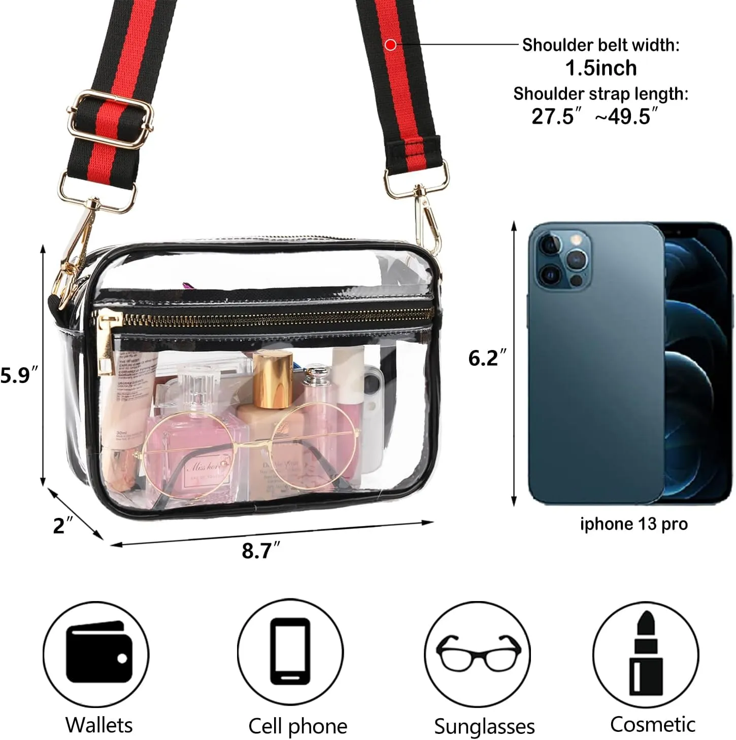 WEDDINGHELPER Clear Crossbody Bag, Clear Bag Stadium Approved Clear Purse with Adjustable Strap for Sports Concerts Festivals