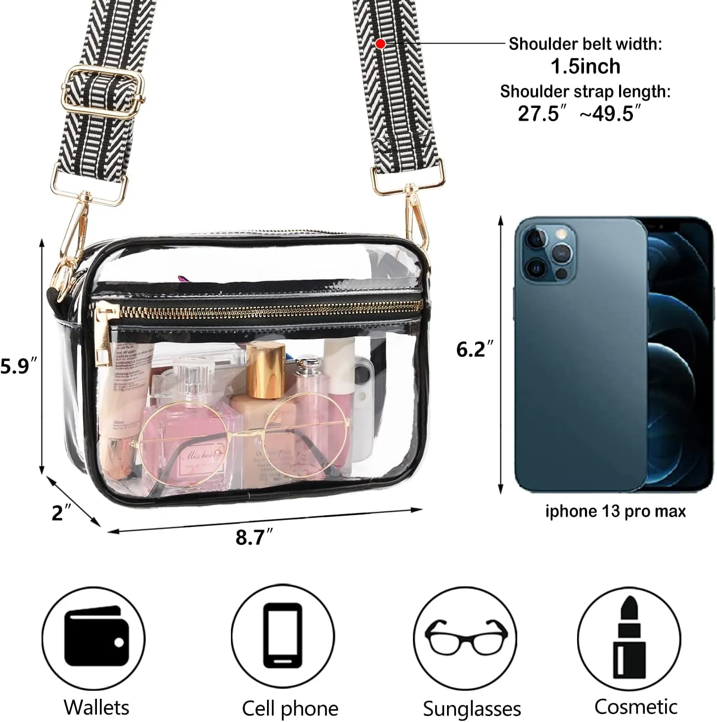 WEDDINGHELPER Clear Crossbody Bag, Clear Bag Stadium Approved Clear Purse with Adjustable Strap for Sports Concerts Festivals
