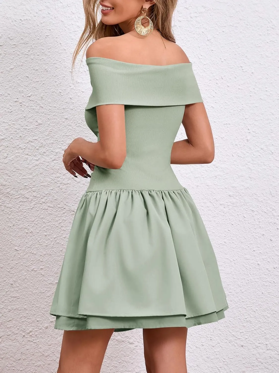 Wenrine Womens Off The Shoulder Mini Dress Summer Casual Ruffle Ribbed Slim Fit Sexy Club Party Dresses