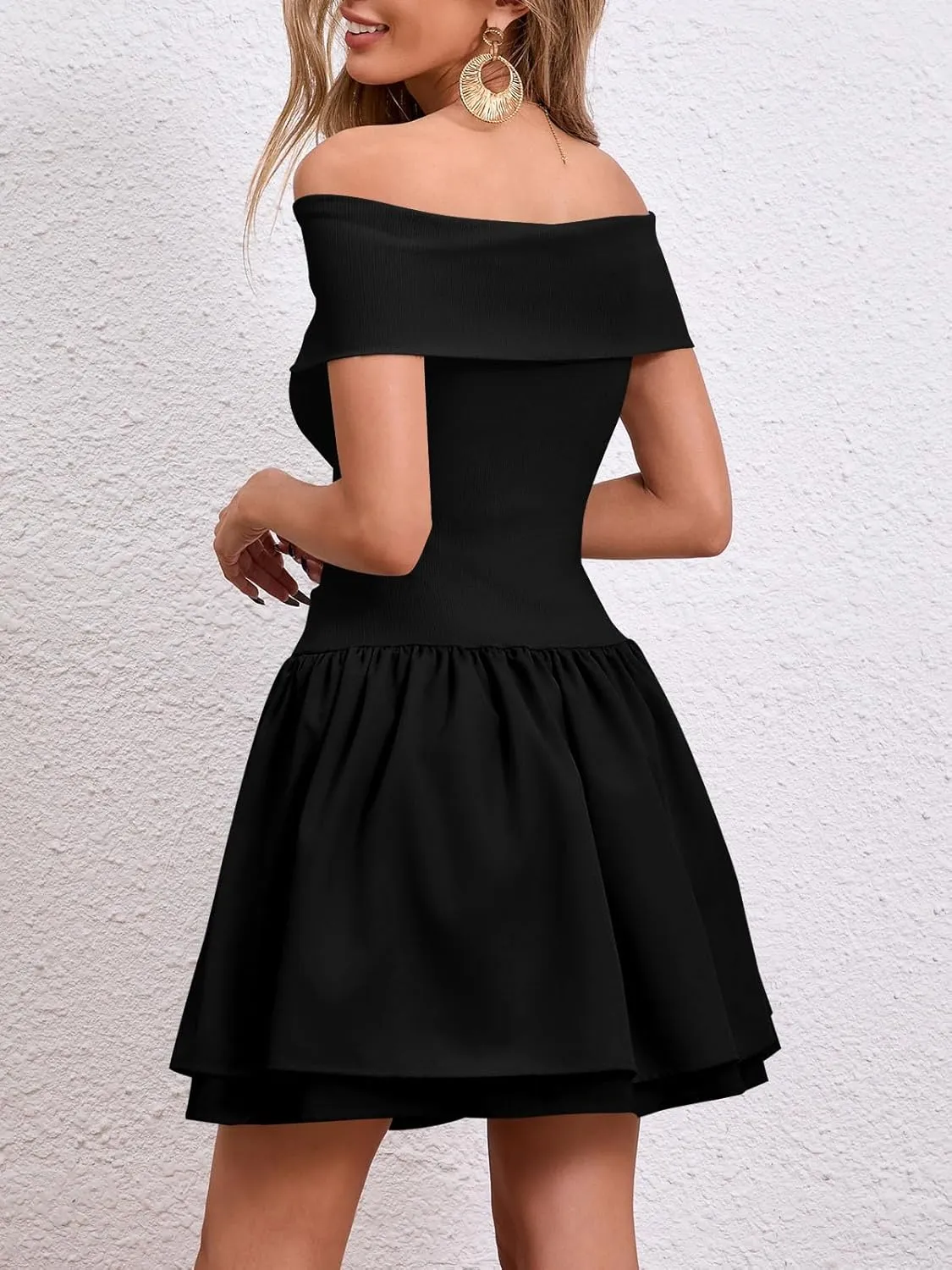 Wenrine Womens Off The Shoulder Mini Dress Summer Casual Ruffle Ribbed Slim Fit Sexy Club Party Dresses