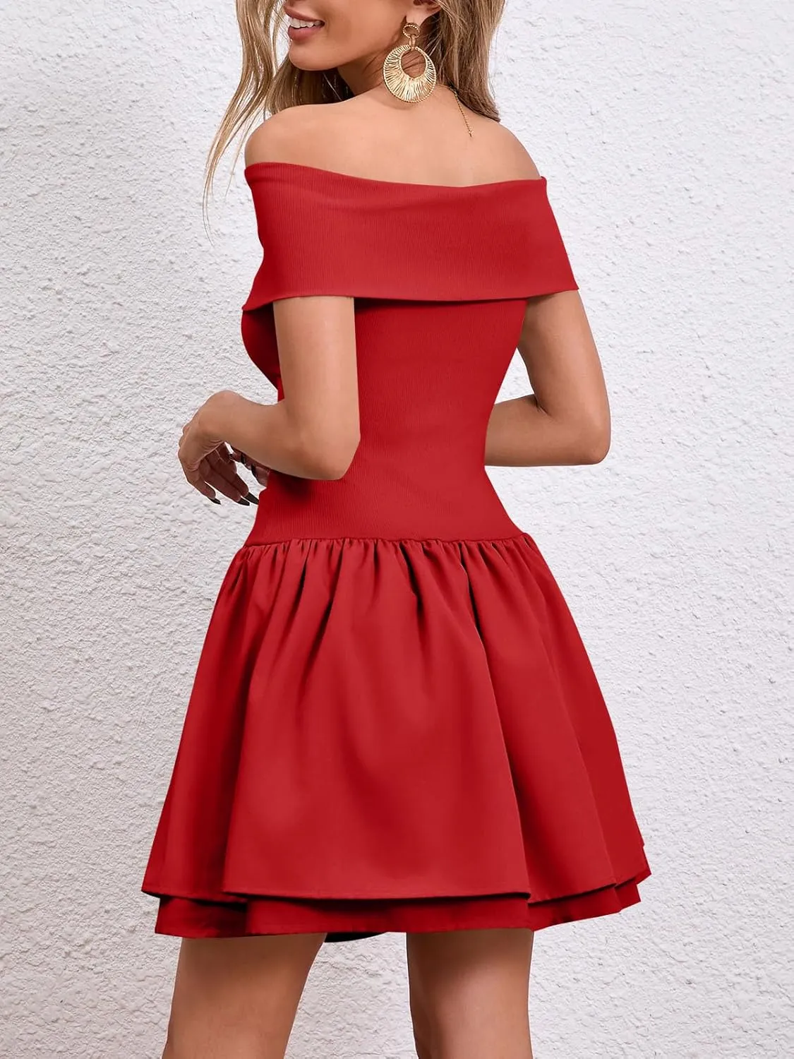 Wenrine Womens Off The Shoulder Mini Dress Summer Casual Ruffle Ribbed Slim Fit Sexy Club Party Dresses