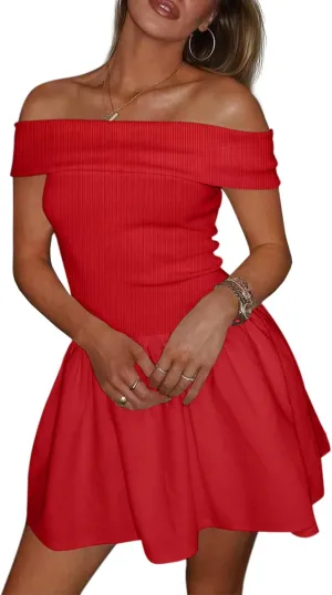 Wenrine Womens Off The Shoulder Mini Dress Summer Casual Ruffle Ribbed Slim Fit Sexy Club Party Dresses