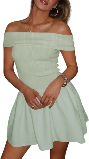 Wenrine Womens Off The Shoulder Mini Dress Summer Casual Ruffle Ribbed Slim Fit Sexy Club Party Dresses