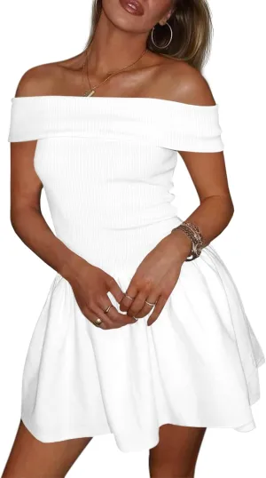 Wenrine Womens Off The Shoulder Mini Dress Summer Casual Ruffle Ribbed Slim Fit Sexy Club Party Dresses
