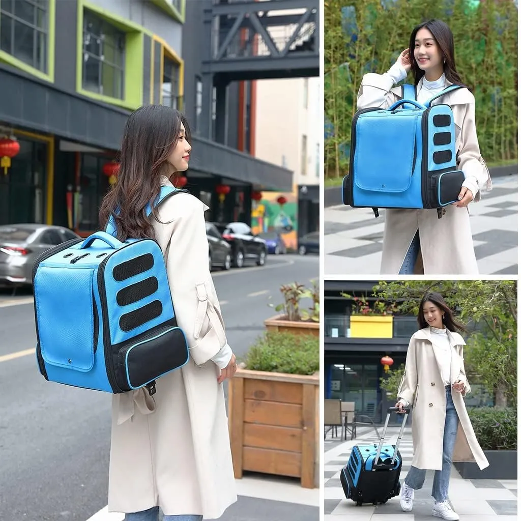 Wheeled Pet Travel Bag, Cat/Dog Backpack Harness Breathable Pet Travel Backpack Foldable Pet Travel Trolley Dog Transport Crate Cat Crate Bag Bag with Pockets