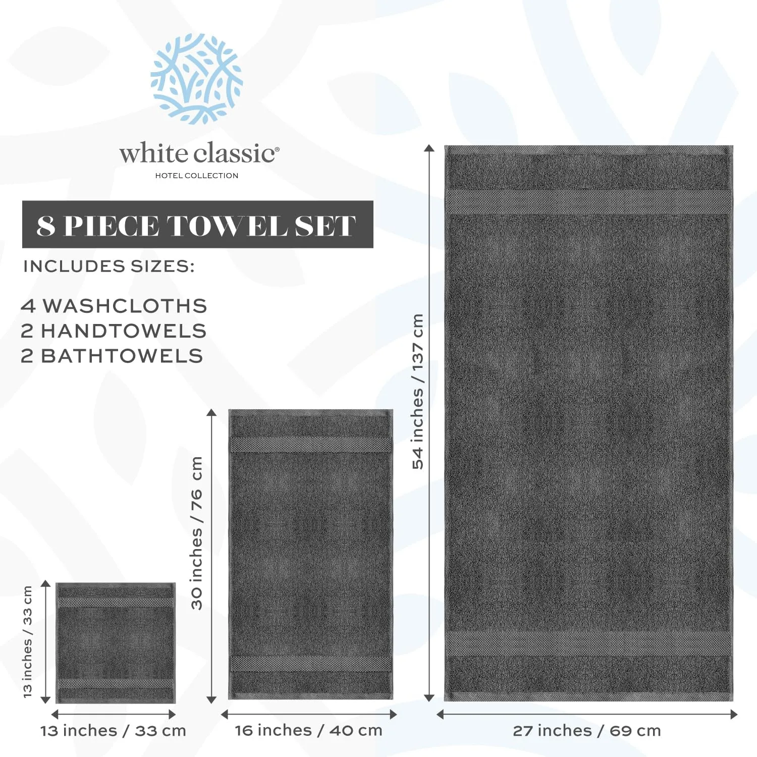White Classic Luxury Bath Towel Set of 8 Pieces - 100% Turkish Cotton Highly Absorbent Towels for Bathroom, 2 Luxury Bath Towels 700GSM, 2 Hand Towels, 4 Washcloths, Dark Gray