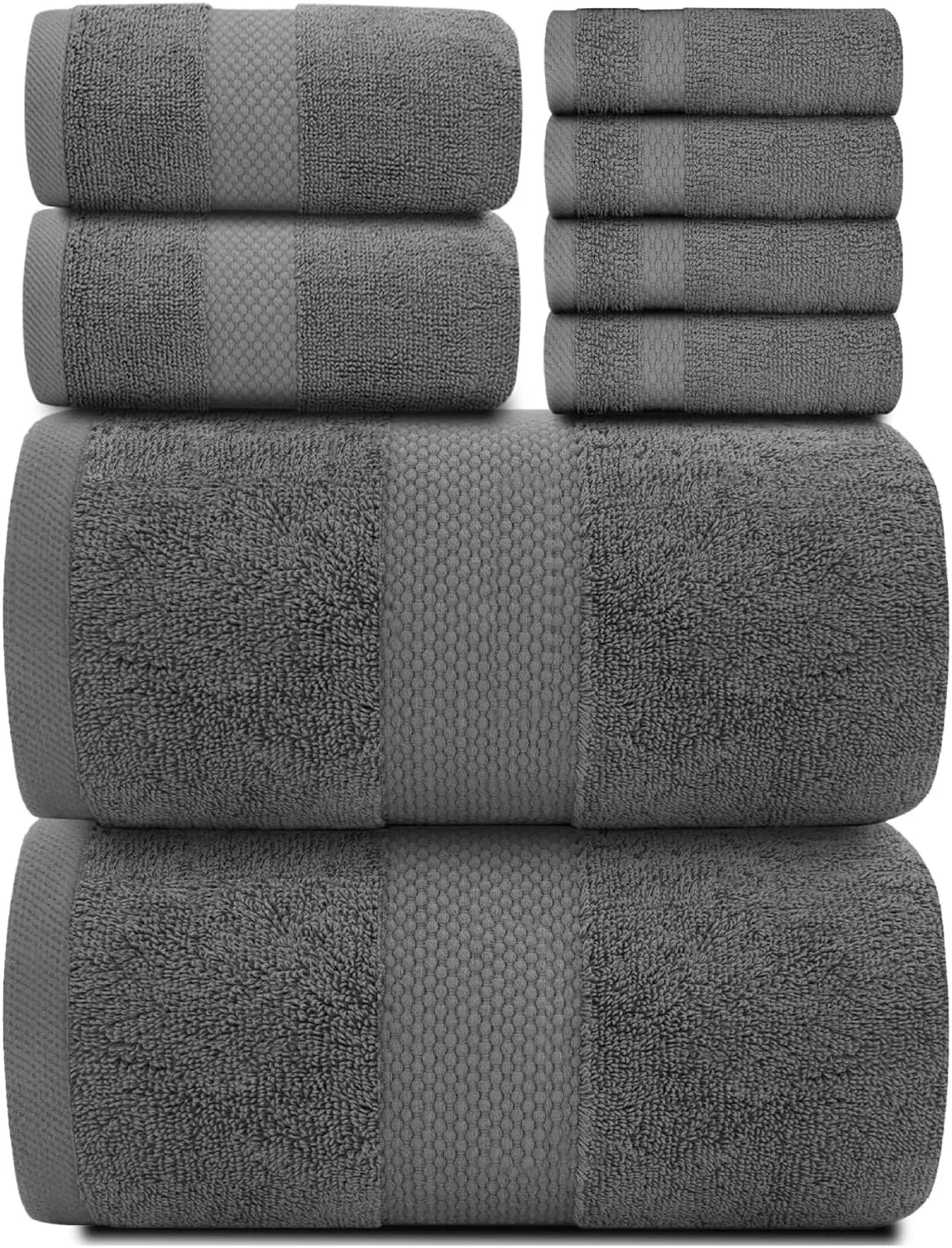 White Classic Luxury Bath Towel Set of 8 Pieces - 100% Turkish Cotton Highly Absorbent Towels for Bathroom, 2 Luxury Bath Towels 700GSM, 2 Hand Towels, 4 Washcloths, Dark Gray