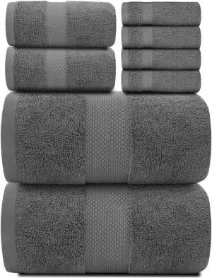 White Classic Luxury Bath Towel Set of 8 Pieces - 100% Turkish Cotton Highly Absorbent Towels for Bathroom, 2 Luxury Bath Towels 700GSM, 2 Hand Towels, 4 Washcloths, Dark Gray