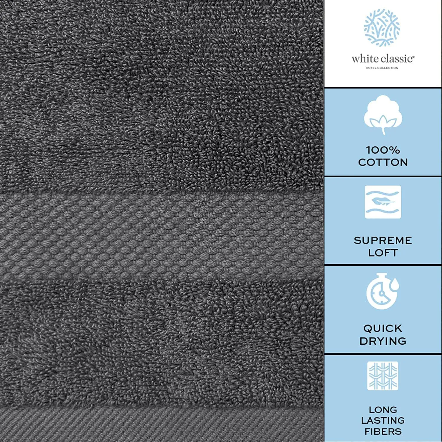 White Classic Luxury Bath Towel Set of 8 Pieces - 100% Turkish Cotton Highly Absorbent Towels for Bathroom, 2 Luxury Bath Towels 700GSM, 2 Hand Towels, 4 Washcloths, Dark Gray