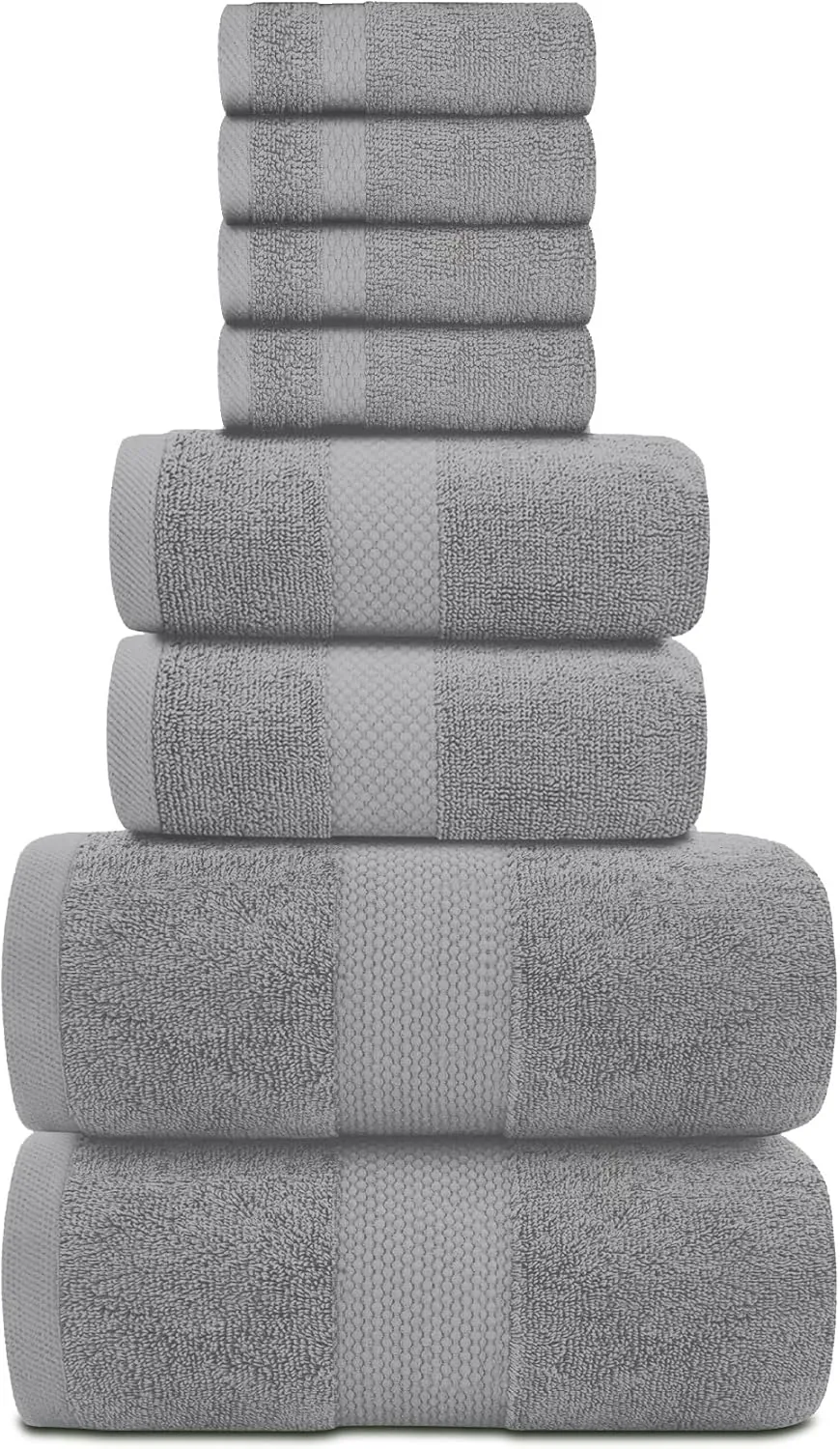 White Classic Luxury Bath Towel Set of 8 Pieces - 100% Turkish Cotton Highly Absorbent Towels for Bathroom, 2 Luxury Bath Towels 700GSM, 2 Hand Towels, 4 Washcloths, Light Gray