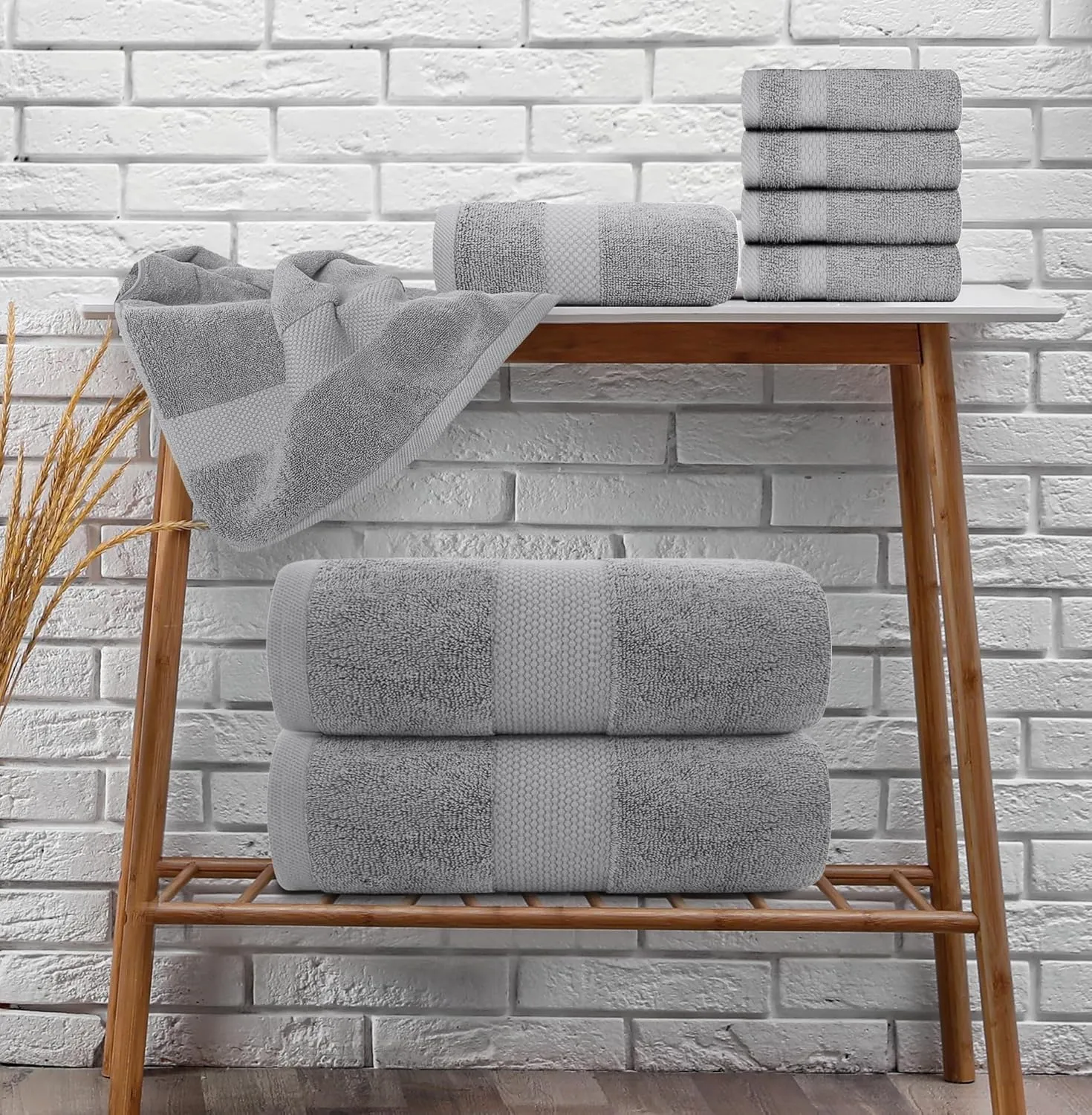White Classic Luxury Bath Towel Set of 8 Pieces - 100% Turkish Cotton Highly Absorbent Towels for Bathroom, 2 Luxury Bath Towels 700GSM, 2 Hand Towels, 4 Washcloths, Light Gray