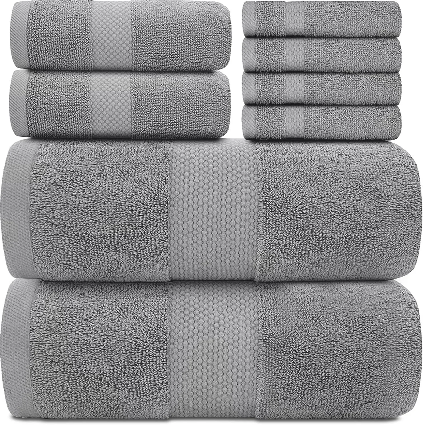 White Classic Luxury Bath Towel Set of 8 Pieces - 100% Turkish Cotton Highly Absorbent Towels for Bathroom, 2 Luxury Bath Towels 700GSM, 2 Hand Towels, 4 Washcloths, Light Gray