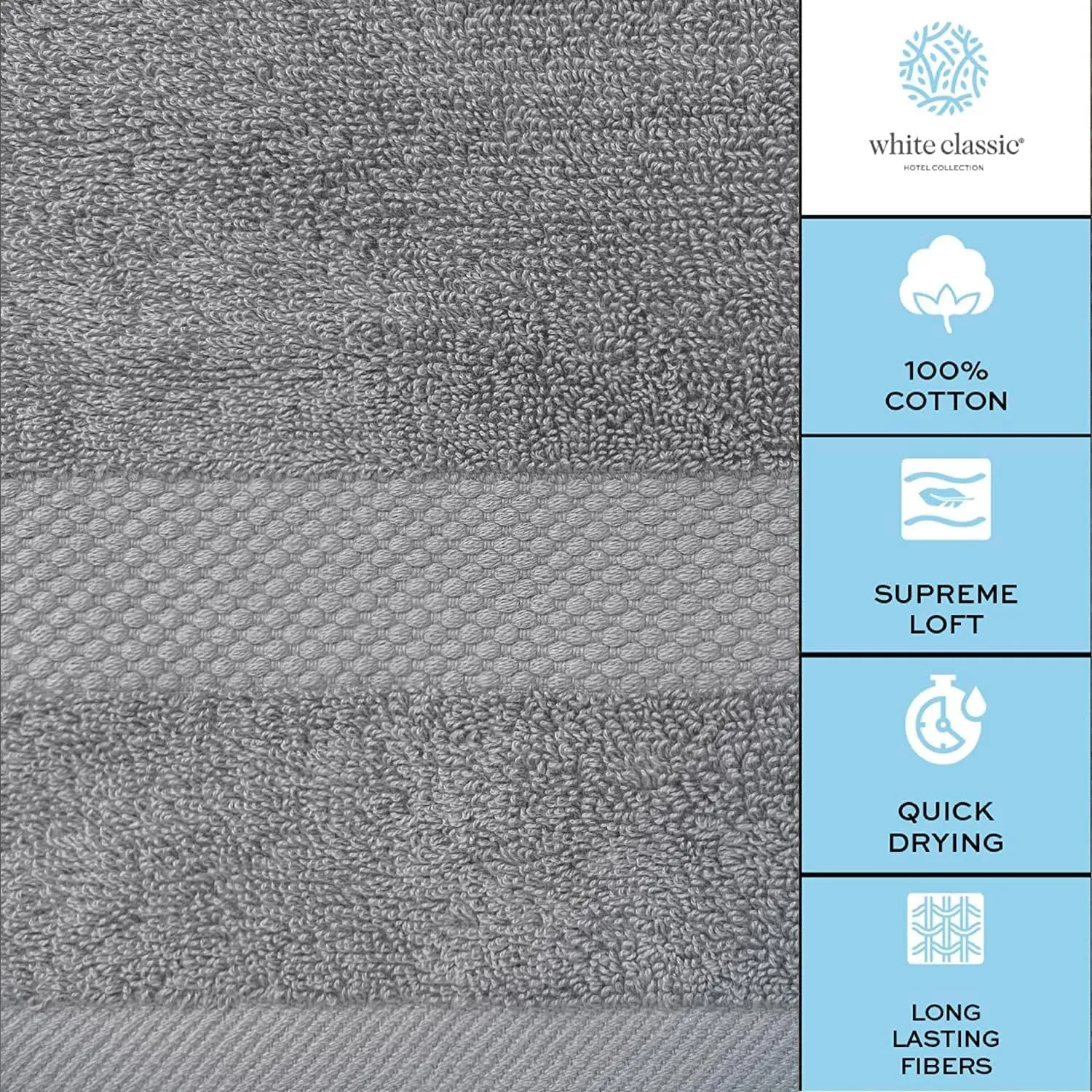 White Classic Luxury Bath Towel Set of 8 Pieces - 100% Turkish Cotton Highly Absorbent Towels for Bathroom, 2 Luxury Bath Towels 700GSM, 2 Hand Towels, 4 Washcloths, Light Gray