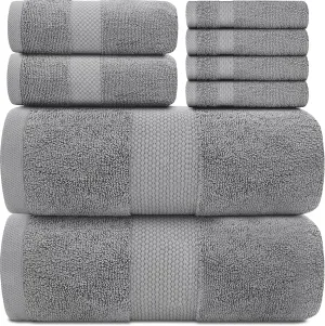 White Classic Luxury Bath Towel Set of 8 Pieces - 100% Turkish Cotton Highly Absorbent Towels for Bathroom, 2 Luxury Bath Towels 700GSM, 2 Hand Towels, 4 Washcloths, Light Gray