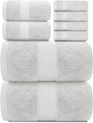 White Classic Luxury Bath Towel Set of 8 Pieces - 100% Turkish Cotton Highly Absorbent Towels for Bathroom, 2 Luxury Bath Towels 700GSM, 2 Hand Towels, 4 Washcloths, Silver