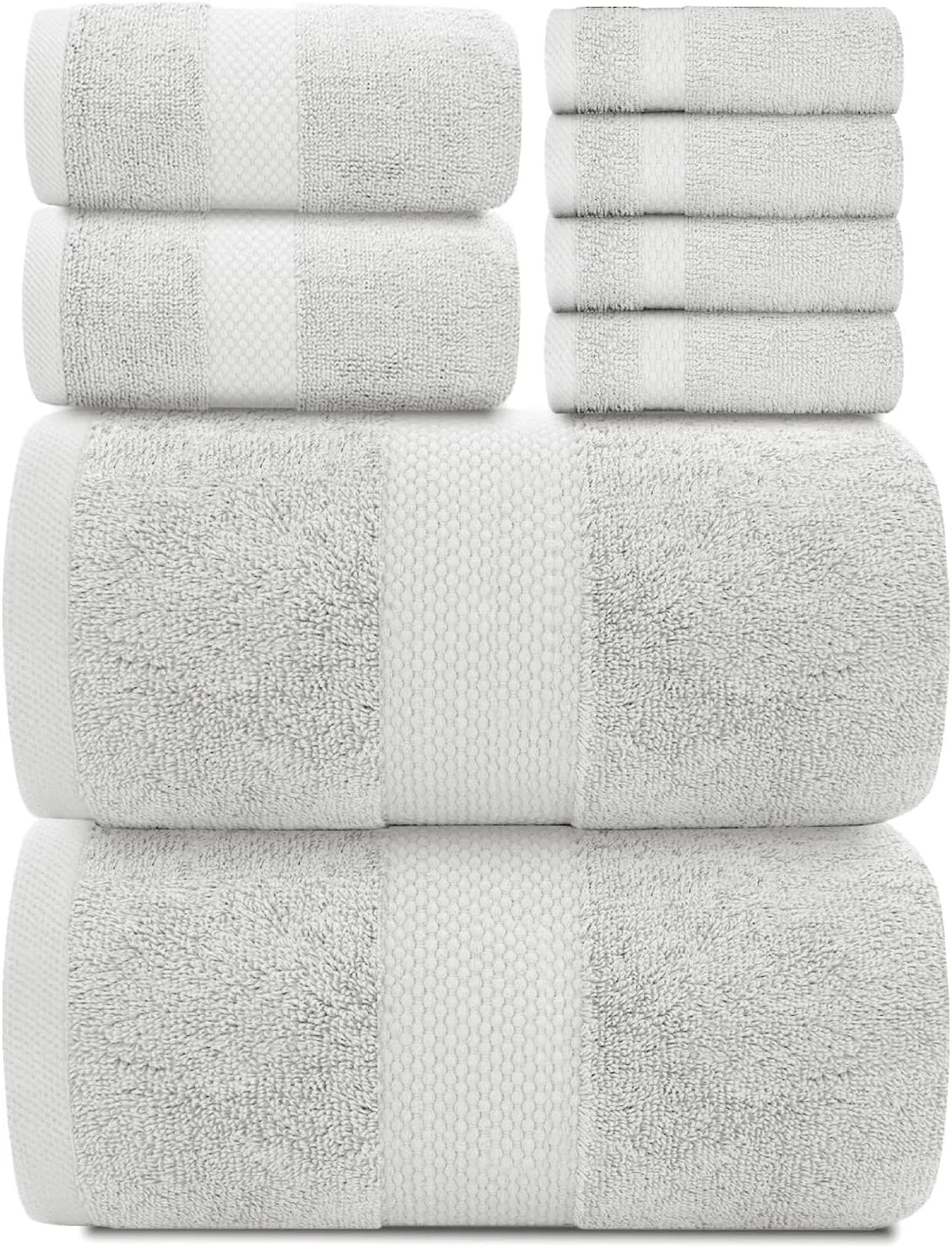 White Classic Luxury Bath Towel Set of 8 Pieces - 100% Turkish Cotton Highly Absorbent Towels for Bathroom, 2 Luxury Bath Towels 700GSM, 2 Hand Towels, 4 Washcloths, Silver