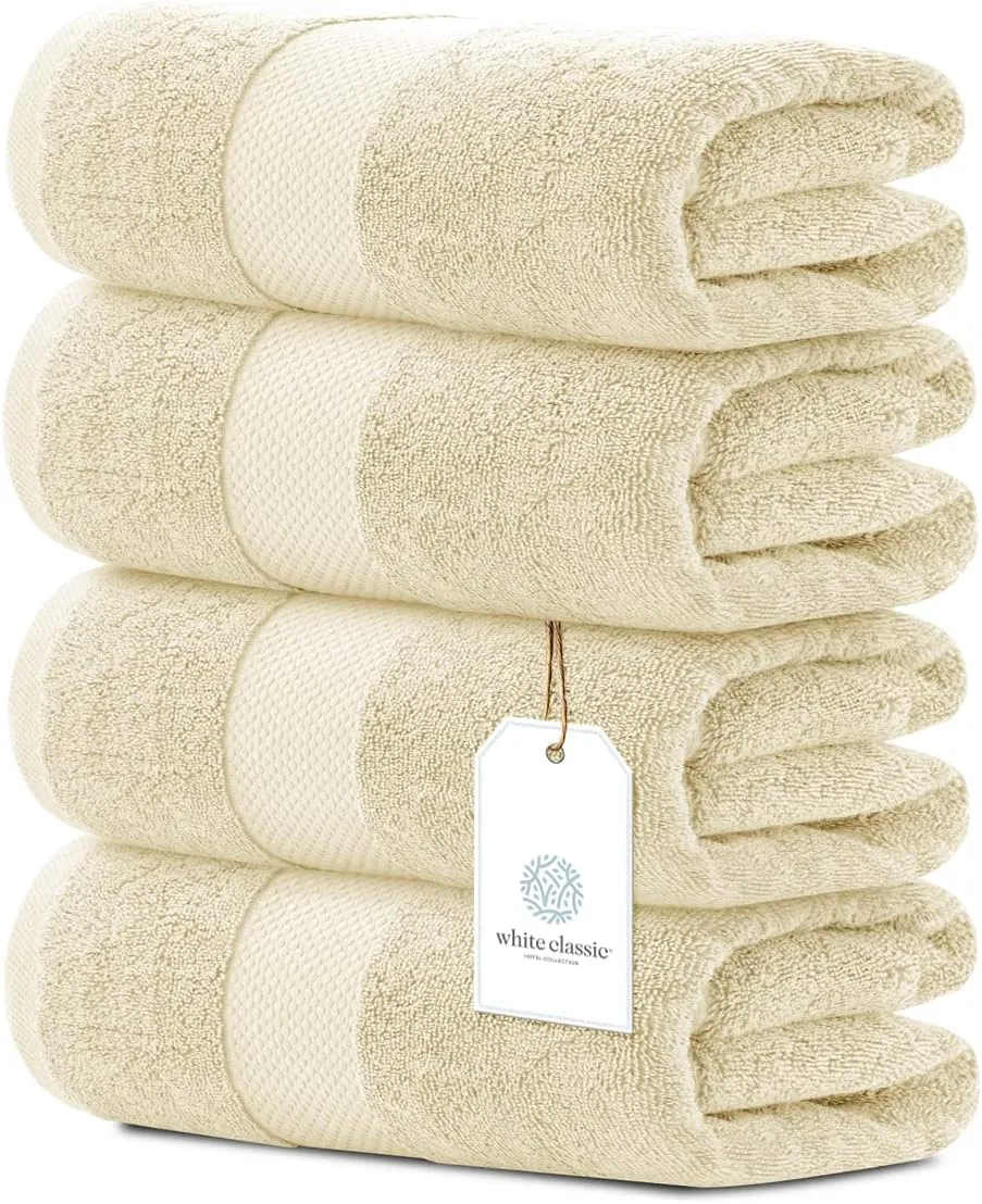 White Classic Luxury Bath Towels Large - Cotton Hotel spa Bathroom Towel |30x56 | 4 Pack | Beige