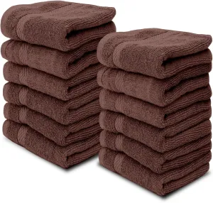 White Classic Luxury Cotton Washcloths - Large Hotel Spa Bathroom Face Towel | 12 Pack | Brown