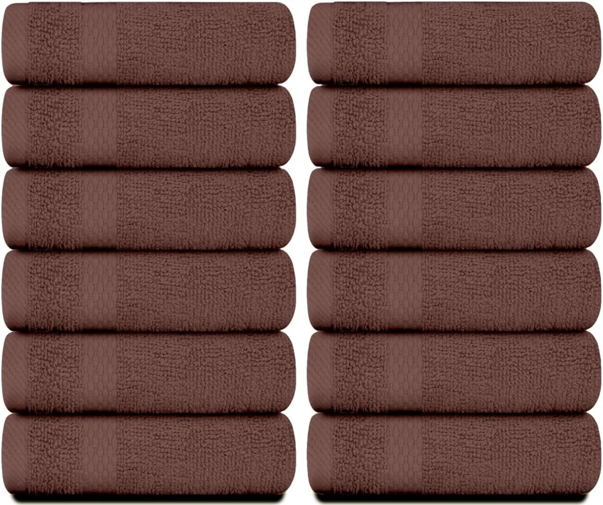 White Classic Luxury Cotton Washcloths - Large Hotel Spa Bathroom Face Towel | 12 Pack | Brown