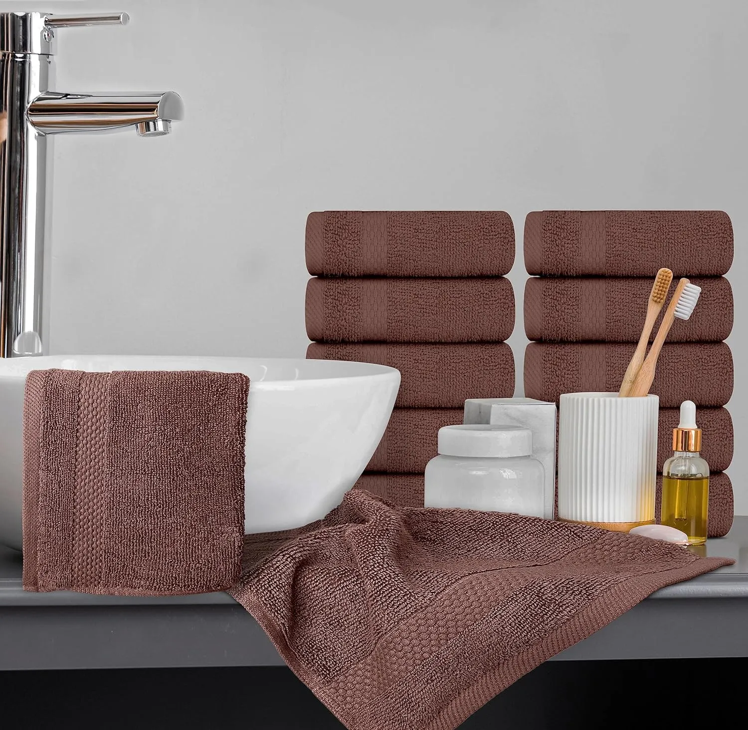 White Classic Luxury Cotton Washcloths - Large Hotel Spa Bathroom Face Towel | 12 Pack | Brown