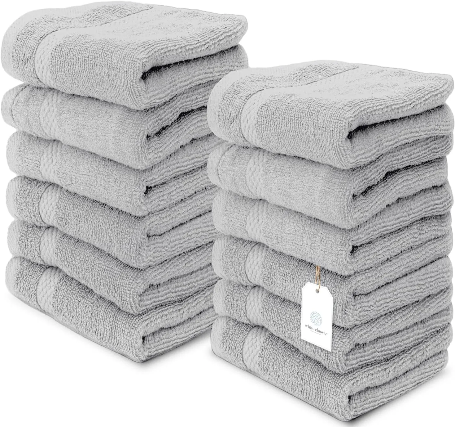 White Classic Luxury Cotton Washcloths - Large Hotel Spa Bathroom Face Towel | 12 Pack | Dolphin Gray