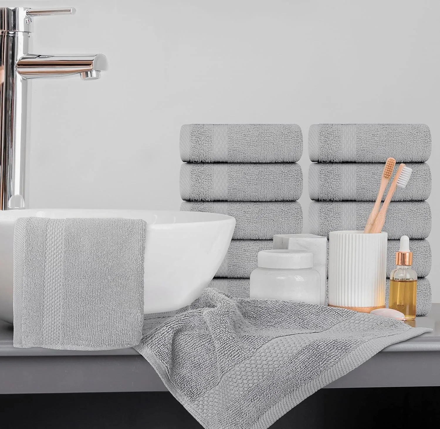 White Classic Luxury Cotton Washcloths - Large Hotel Spa Bathroom Face Towel | 12 Pack | Dolphin Gray