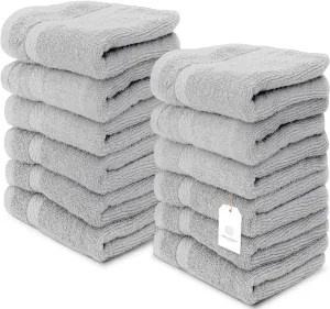 White Classic Luxury Cotton Washcloths - Large Hotel Spa Bathroom Face Towel | 12 Pack | Dolphin Gray