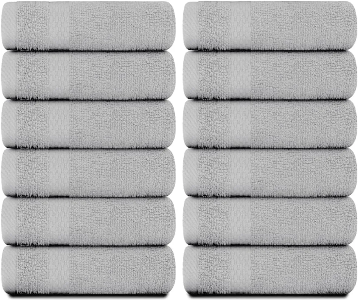 White Classic Luxury Cotton Washcloths - Large Hotel Spa Bathroom Face Towel | 12 Pack | Dolphin Gray