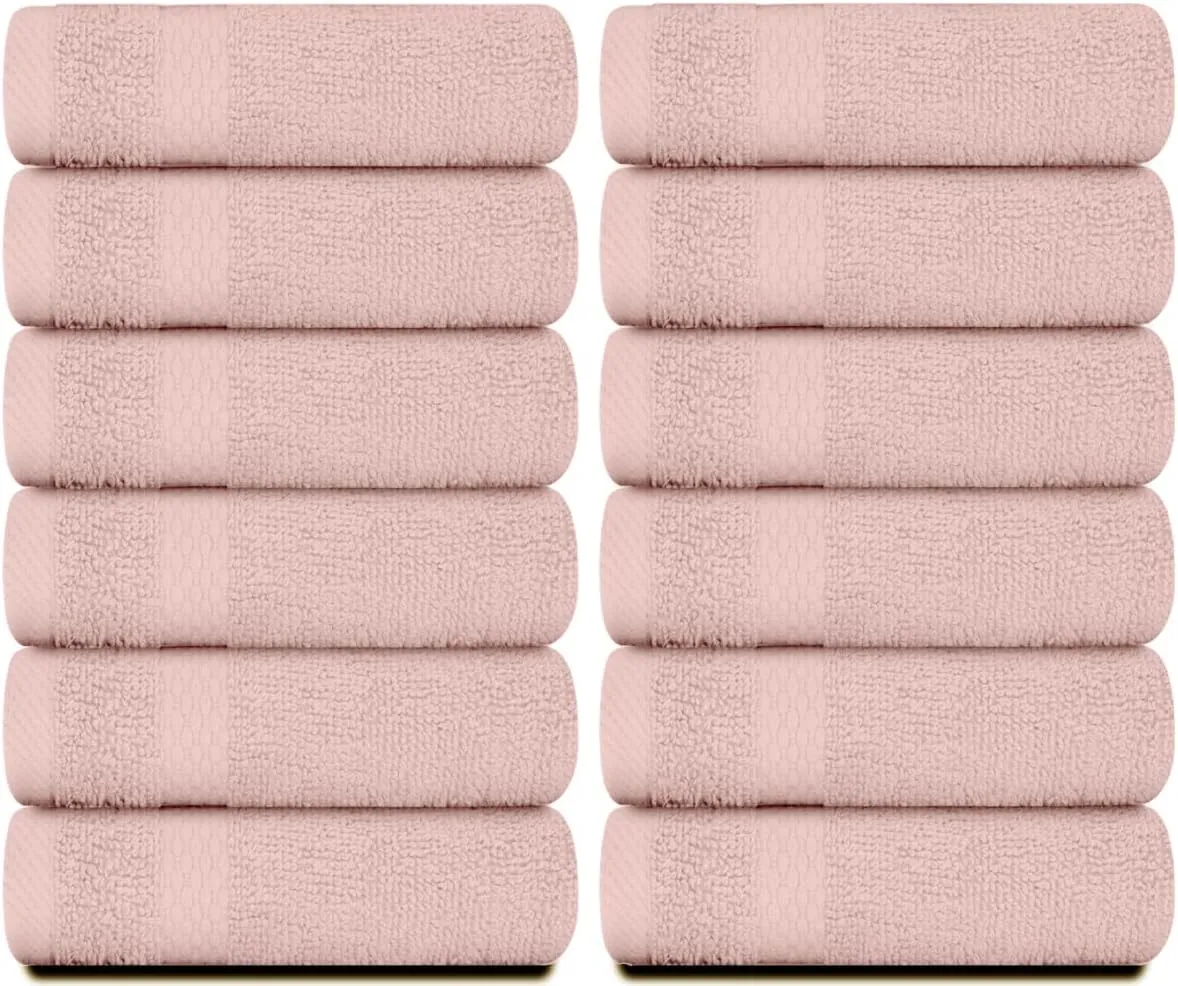 White Classic Luxury Cotton Washcloths - Large Hotel Spa Bathroom Face Towel | 12 Pack | Pink