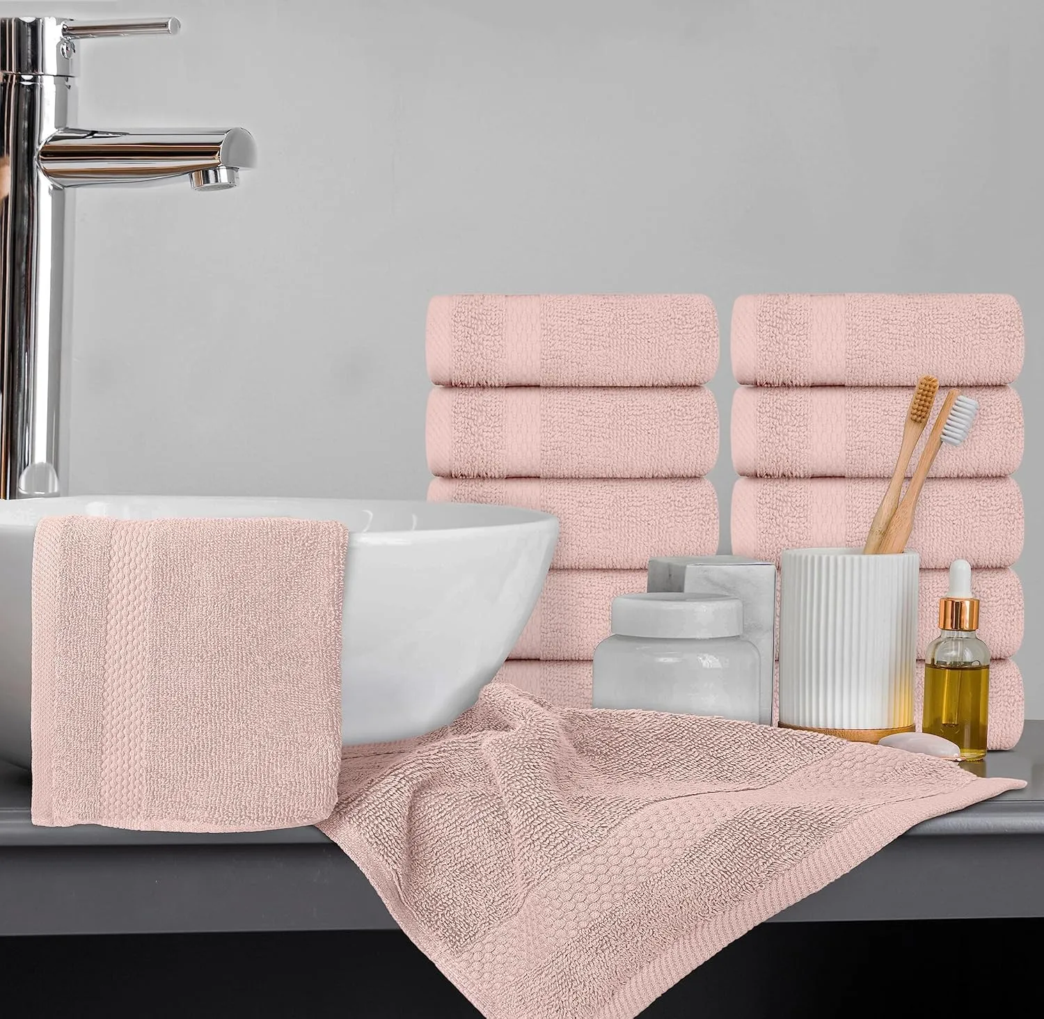 White Classic Luxury Cotton Washcloths - Large Hotel Spa Bathroom Face Towel | 12 Pack | Pink