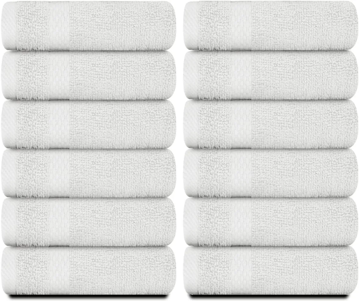 White Classic Luxury Cotton Washcloths - Large Hotel Spa Bathroom Face Towel | 12 Pack | Silver