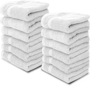 White Classic Luxury Cotton Washcloths - Large Hotel Spa Bathroom Face Towel | 12 Pack | Silver