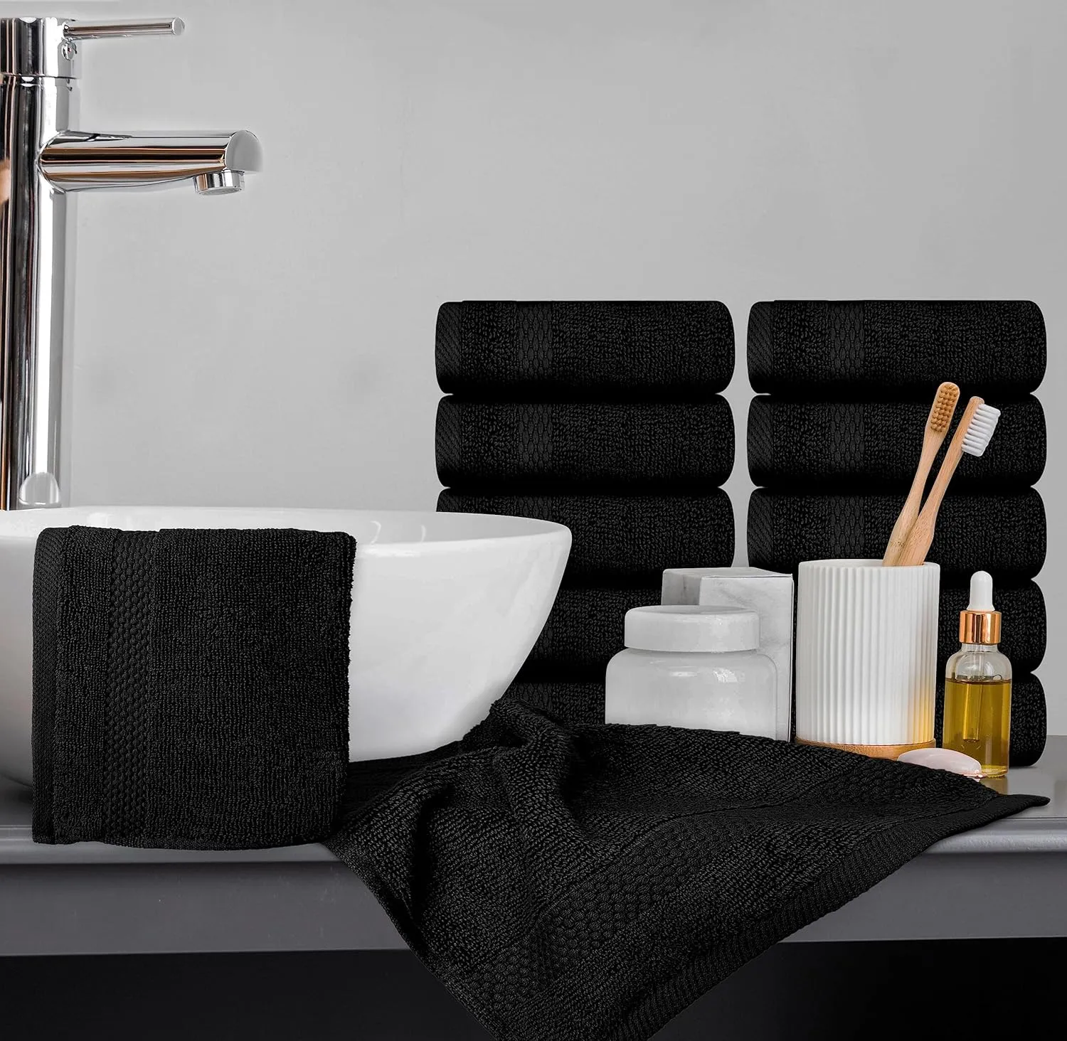 White Classic Luxury Cotton Washcloths Set 12 Pack - Hotel Quality Cleansing Face Towels Set, Black Small Bathroom Hand Towels | 12 Pack | Black