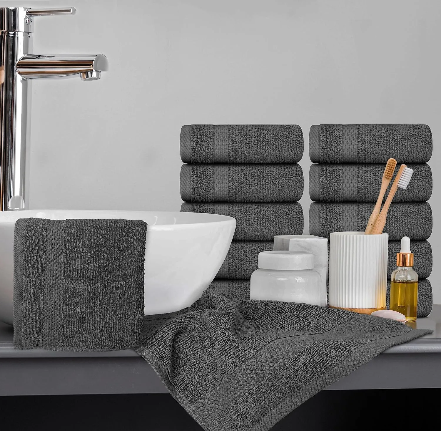 White Classic Luxury Washcloths for Bathroom-Hotel-Spa-Kitchen-Set - Circlet Egyptian Cotton - Highly Absorbent Hotel Quality Face Towels - Bulk Set of 12-13x13 Inch (Dark Gray)