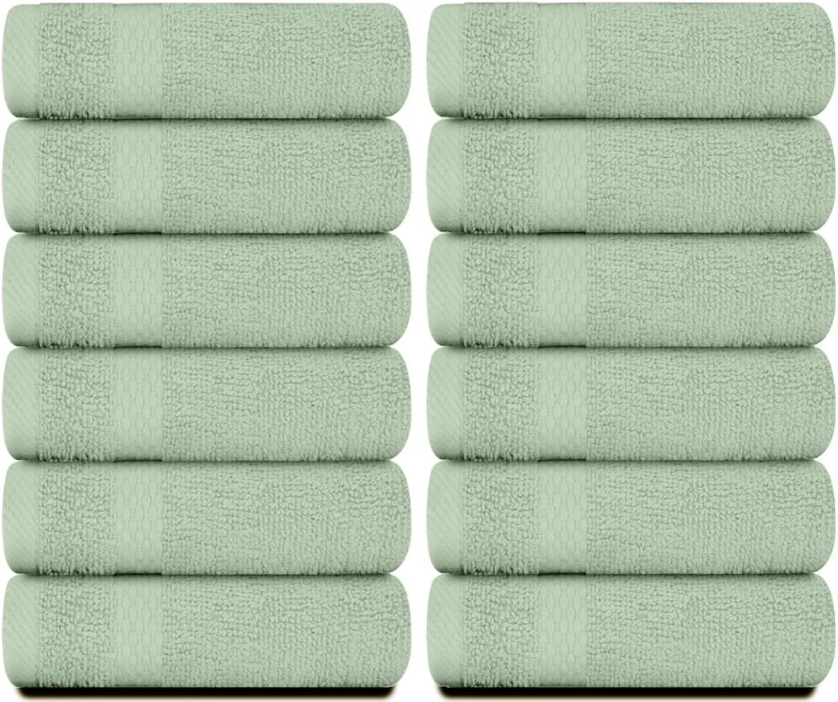 White Classic Luxury Washcloths for Bathroom-Hotel-Spa-Kitchen-Set - Circlet Egyptian Cotton - Highly Absorbent Hotel Quality Face Towels - Bulk Set of 12-13x13 Inch (Lt Green)