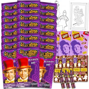 Willy Wonka Birthday Party Favors Set - Bundle with 24 Willy Wonka Charlie and the Chocolate Factory Play Packs | Mini Coloring Books, Stickers, and More for Goodie Bags | Wonka Party Supplies