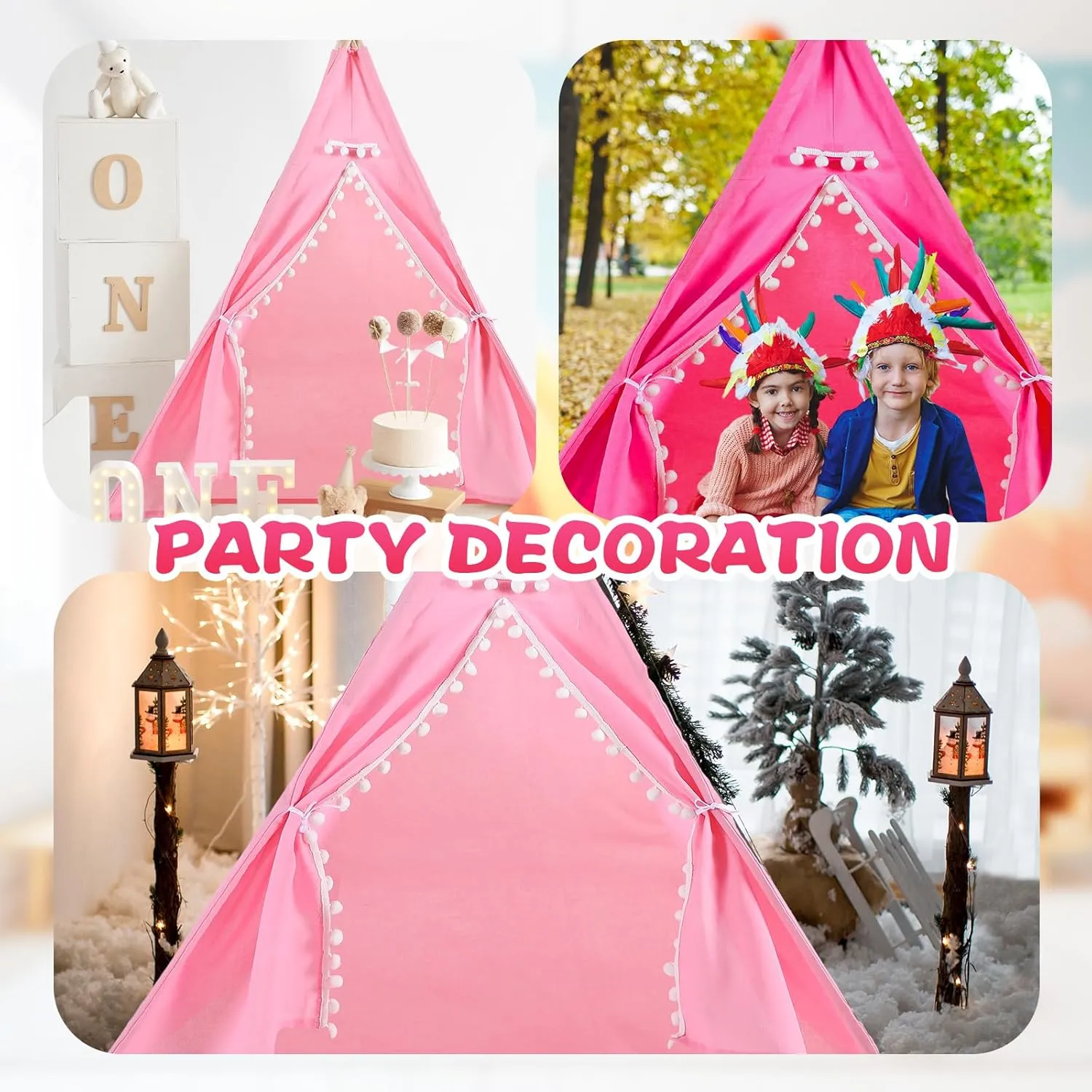 Windyun 6 Pcs Kids Teepee Tent Foldable Washable Indoor Outdoor for Boys Girls Toddler Boho Sleepovers Birthday Pajama Party Spa Supplies(63 Inch,Light Pink, Rose Red)