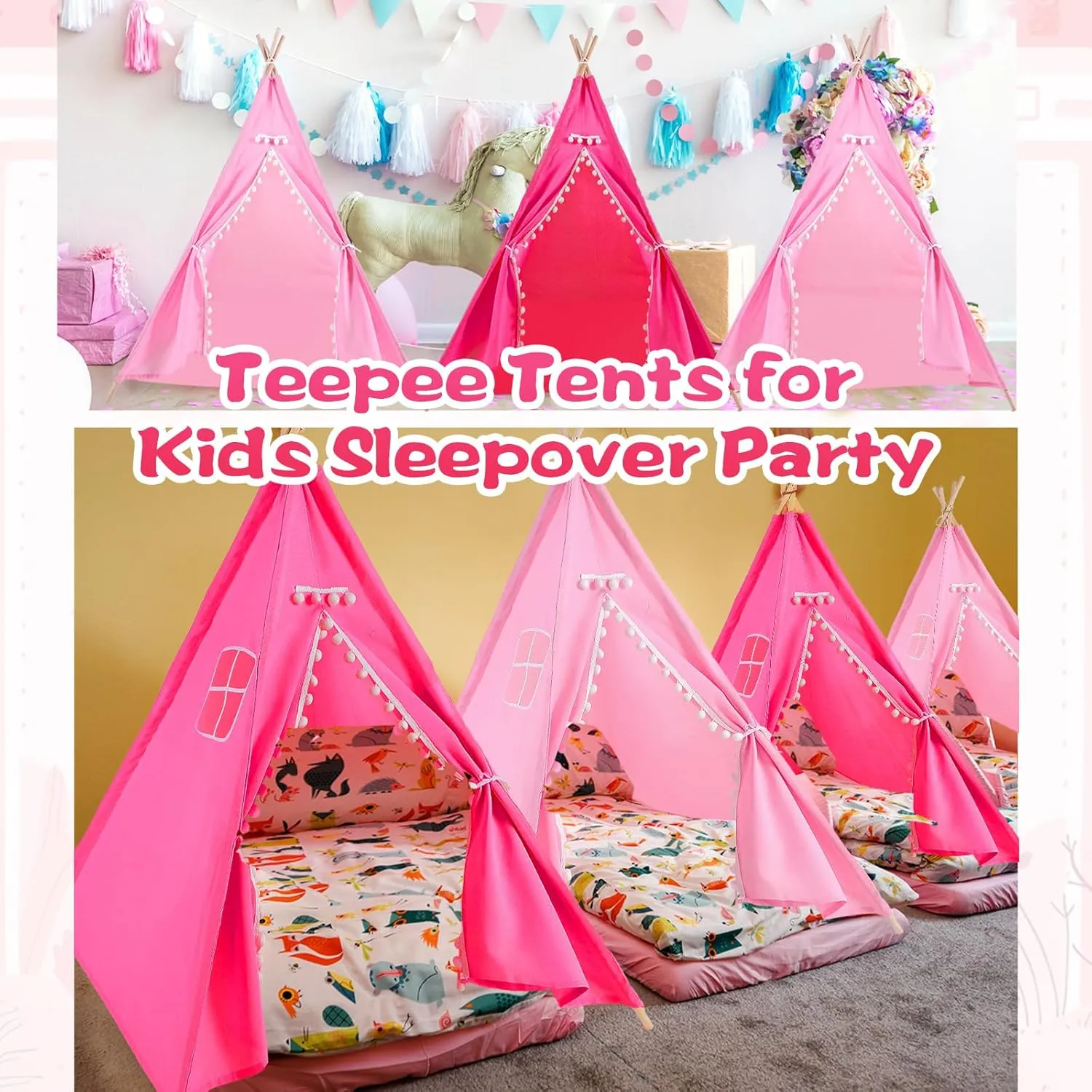 Windyun 6 Pcs Kids Teepee Tent Foldable Washable Indoor Outdoor for Boys Girls Toddler Boho Sleepovers Birthday Pajama Party Spa Supplies(63 Inch,Light Pink, Rose Red)
