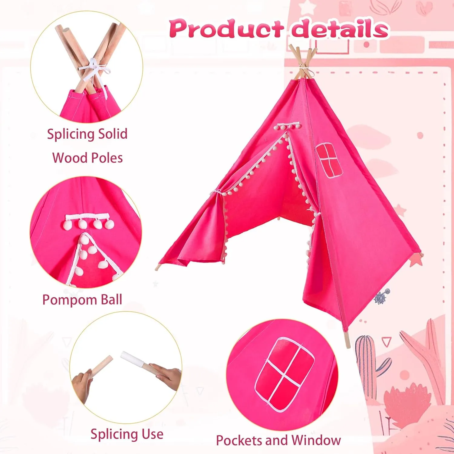 Windyun 6 Pcs Kids Teepee Tent Foldable Washable Indoor Outdoor for Boys Girls Toddler Boho Sleepovers Birthday Pajama Party Spa Supplies(63 Inch,Light Pink, Rose Red)