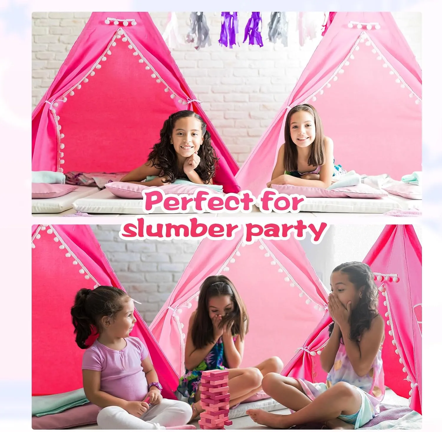 Windyun 6 Pcs Kids Teepee Tent Foldable Washable Indoor Outdoor for Boys Girls Toddler Boho Sleepovers Birthday Pajama Party Spa Supplies(63 Inch,Light Pink, Rose Red)