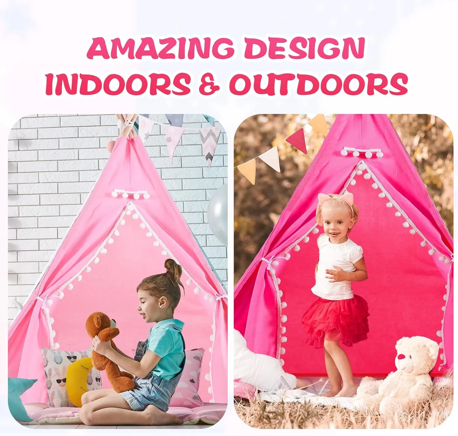 Windyun 6 Pcs Kids Teepee Tent Foldable Washable Indoor Outdoor for Boys Girls Toddler Boho Sleepovers Birthday Pajama Party Spa Supplies(63 Inch,Light Pink, Rose Red)