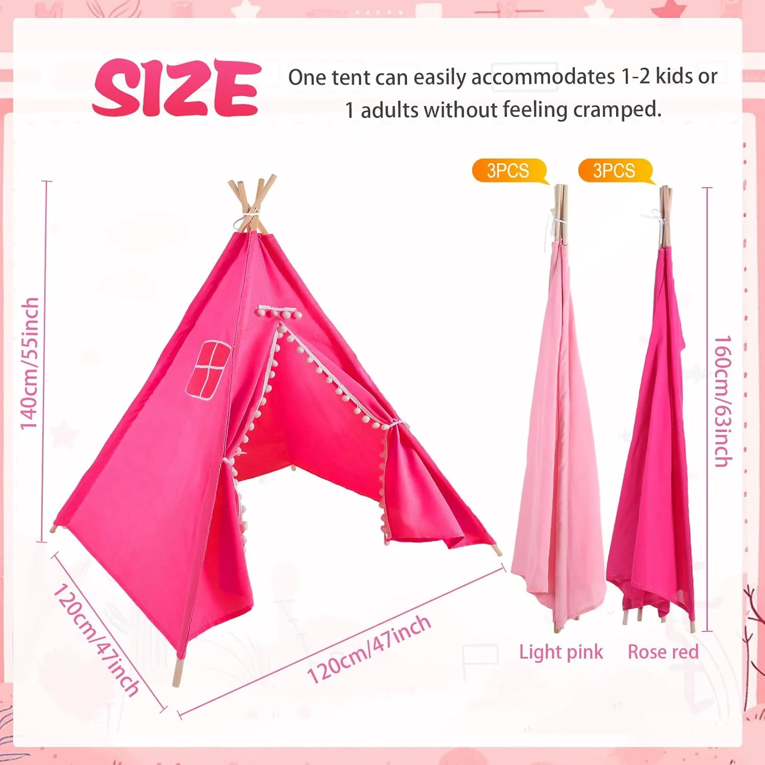 Windyun 6 Pcs Kids Teepee Tent Foldable Washable Indoor Outdoor for Boys Girls Toddler Boho Sleepovers Birthday Pajama Party Spa Supplies(63 Inch,Light Pink, Rose Red)