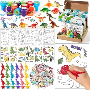 Winrayk 12 Sets Dinosaur Party Favors Dino Birthday Supplies for Kids Boys, Gift Bag Topper Crayon Coloring Card Mini Figure Stamper Sticker, Goodie Bag Stuffers Dinosaur Birthday Party Supplies Decor