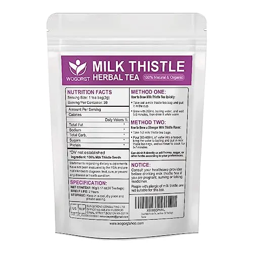 WOGORGT Dried Milk Thistle Tea - Organic Milk Thistle Herbal Tea for Liver Cleanse, Antioxidant and Immune Support, Caffeine Free - 30 Tea Bags