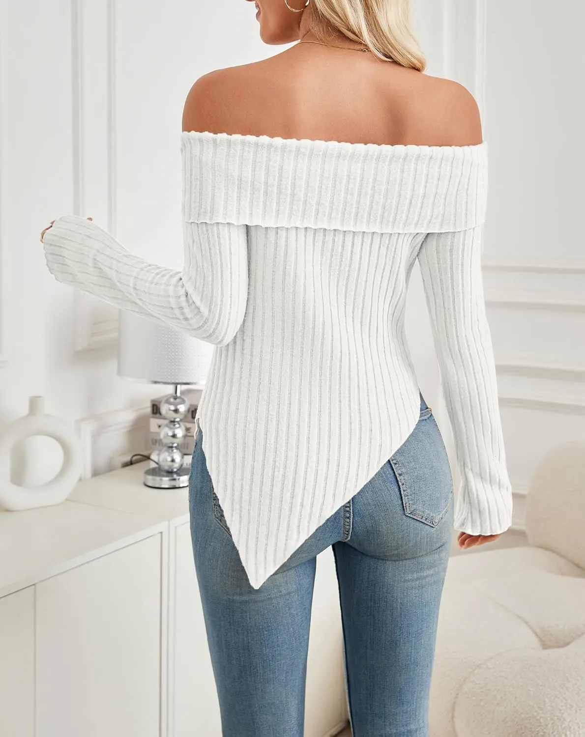 Women Blouses and Tops Black White Colorblock Bell Sleeve Cold Shoulder Top Shirt