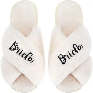 Women Bride Slippers for Wedding Day Fuzzy Wedding Slippers Bridal Shower Gift for Bride Bridal Slippers for Bridal Party (Medium) White