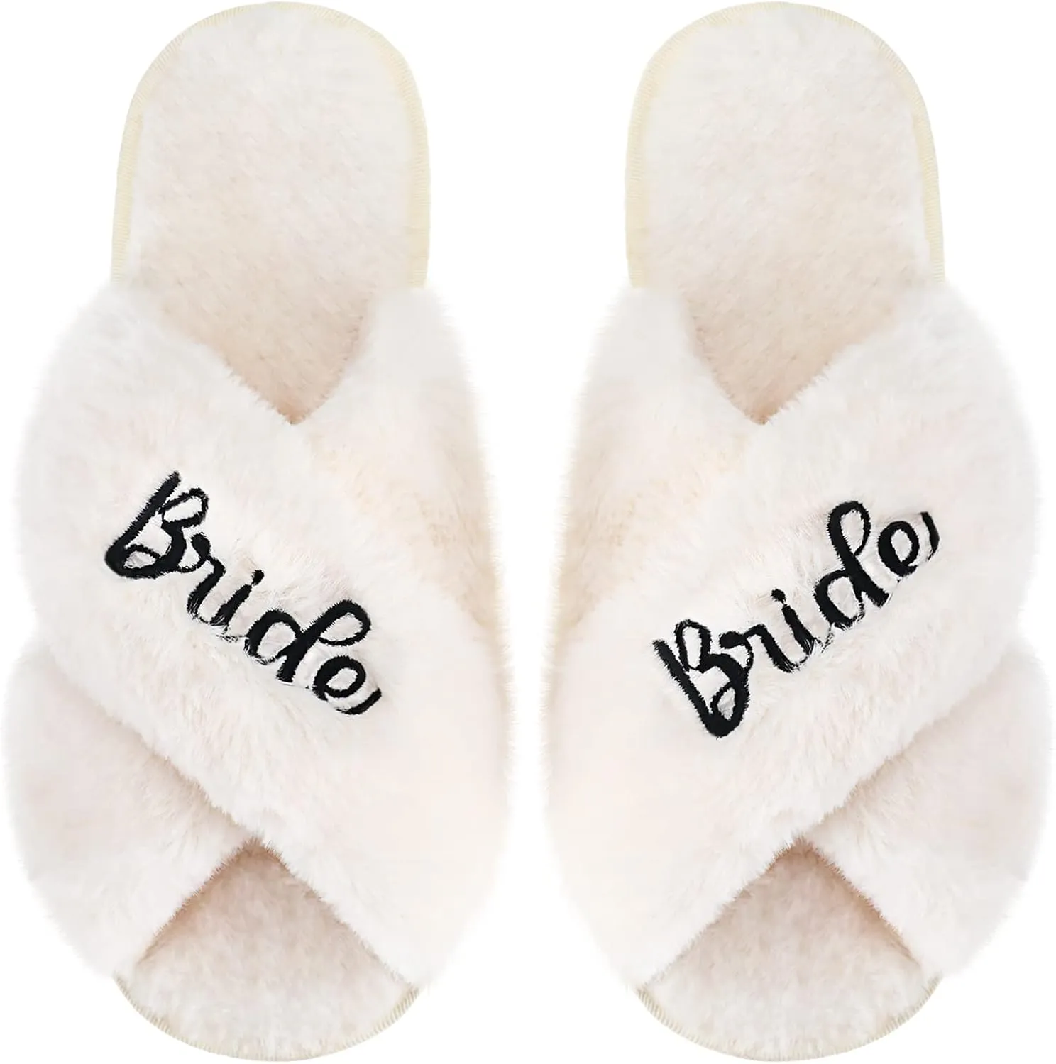Women Bride Slippers for Wedding Day Fuzzy Wedding Slippers Bridal Shower Gift for Bride Bridal Slippers for Bridal Party (Medium) White