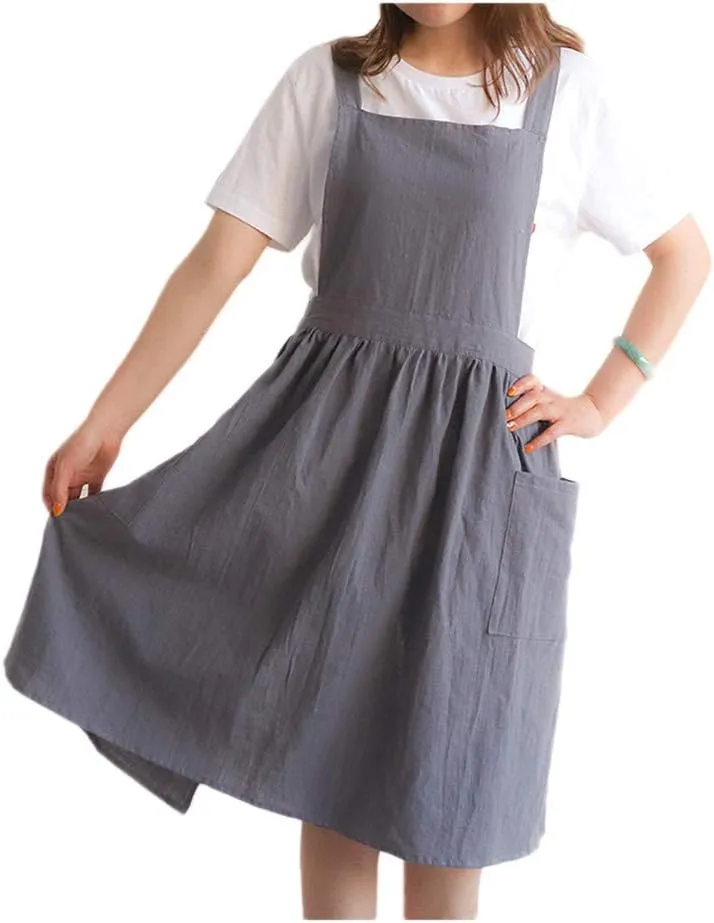Women Girls Vintage Apron Gardening Works Cross Back Pinafore Dress